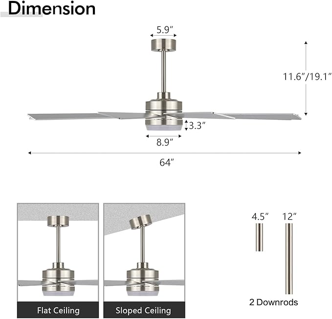 64" Ceiling Fan with Light Silver, 6-Speed Remote Control, Reversible DC Motor, Modern 9 Blades with 4.5"/12" Downrods for Home or Commercial, Living Room/Restaurant