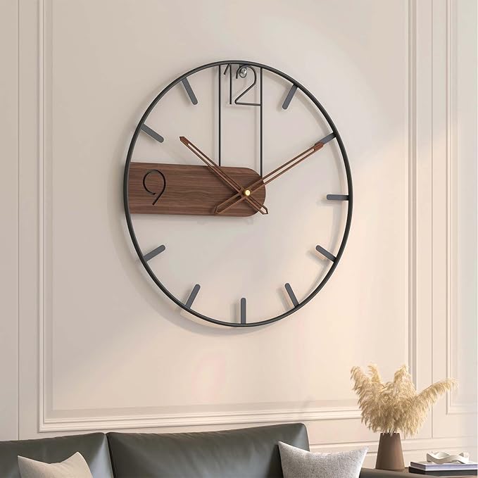 Modern Large Wall Clock 24 Inch, Wood Metal Frame Silent Non Ticking Battery Operated Wall Clocks Decoration for Living Room, Bedroom, Kitchen, Minimalist Walnut Dial Arabic Numerals