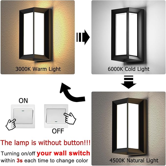 Sytmhoe Outdoor Wall-Porch-Light, Modern Exterior LED Wall Sconce,24W-Led Matte Black Exterior Wall Fixtures,Mounted Wall Patio Lamps,3-Color-Changeable for Garage Walkway Backyard Garden