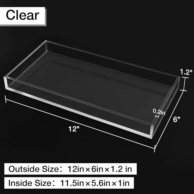 Clear Acrylic Tray 5mm Thicken for Vanity Makeup, Perfume, Jewelry Holder, Napkin, 12x6'' Decorative Serving Tray for Bathroom, Toilet Tank, Sink Countertop, Living Room,Dresser, Coffee Table,Wedding