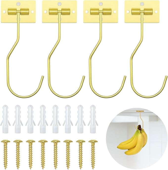 Banana Hanger Hook – Space Saving Banana Holder Hanger to Keep Bananas Fresh, Self Adhesive and Screw Banana Hook 4Pack Gold