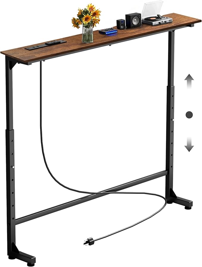 39 inch Narrow Console Table with Outlet,Adjustable Height(25"-37") Behind Sofa Table,Couch Behind Table Skinny,Couch Shelf with Charging Station,Long Entryway Tables for Living Room,Brown
