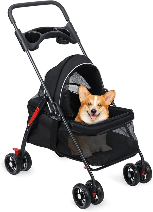 Pet Stroller,4 Wheels Outdoor Travel Pet Folding Stroller,Cat Strollers w/Removable Carrier,Dog Cat Cage Strollers with Cup Holder,Breathable and Visible Mesh for Medium Small Dog 1 Set