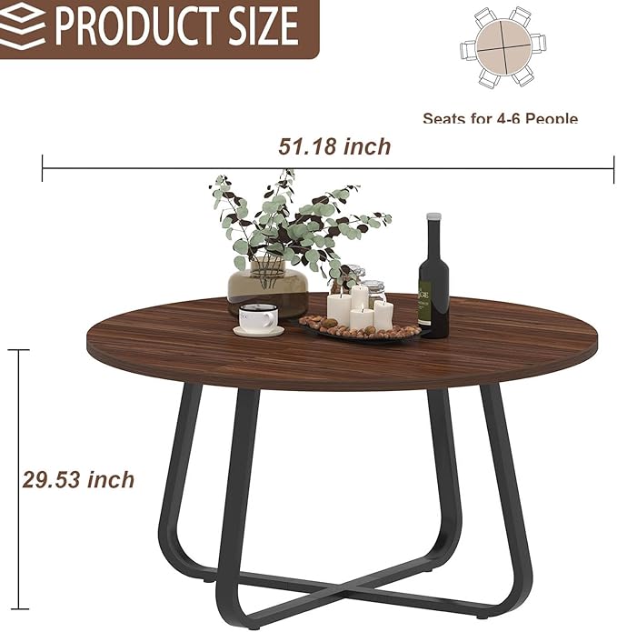 LVB Round Dining Table, Modern Wood Metal Kitchen Tables, Industrial Small Dinner Room Table for 4 to 6 People, Circle Coffee Dining Room Tables for Home Kitchen Living Room, Walnut, 51 Inch