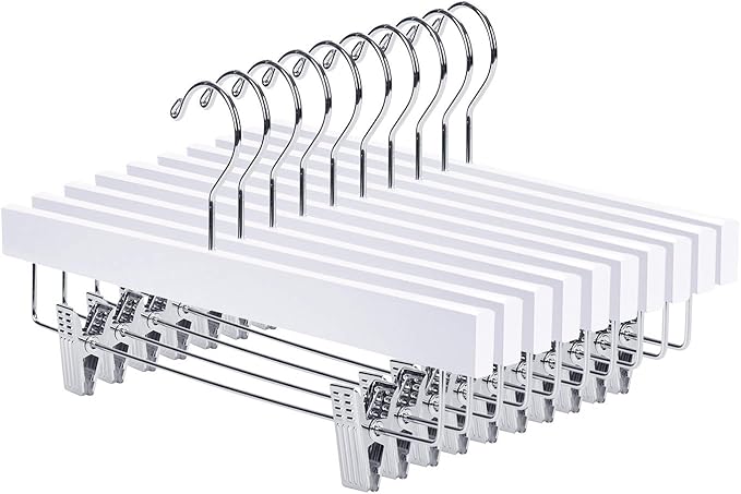 Nature Smile Wooden Pants Hangers Wood Bottom Jeans Skirt Hanger with Clips Anti Rust Hook Pack of 10 (White)