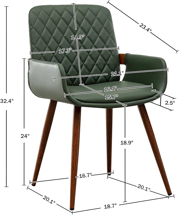 LUNLING Mid Century Modern Faux Leather Dining Room Chairs,Upholstered Seat Metal Legs Chairs Green Faux Leather Kitchen Chair Reception Room Chair 1PCS