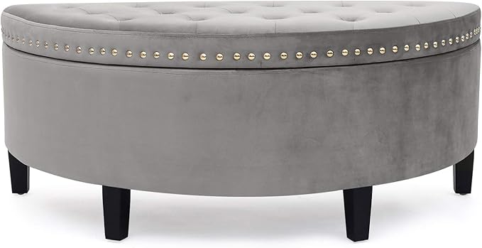 Homebeez 43" Half Moon Storage Ottoman Bench, Lift Top Velvet Storage Ottoman Bench for Bedroom Living Room(Light Gray)