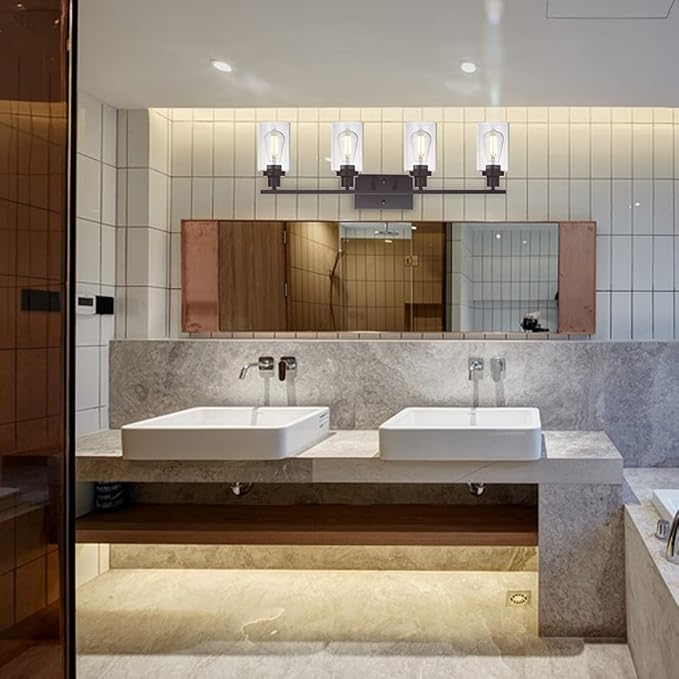 MELUCEE 4 Lights Wall Sconce Lighting Oil Rubbed Bronze Finished with Clear Glass, Bathroom Vanity Light Fixtures Wall Lights Bedroom Porch Kitchen Living Room (Patent No.: US D963914 S)