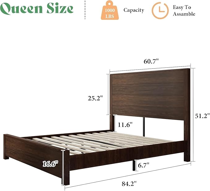 AMERLIFE Queen Size 51.2" Wood Bed Frame, Rustic Platform Bed with Spliced Headboard, No Box Spring Needed/Wood Slats Support/Noiseless/Reclaimed Barnwood