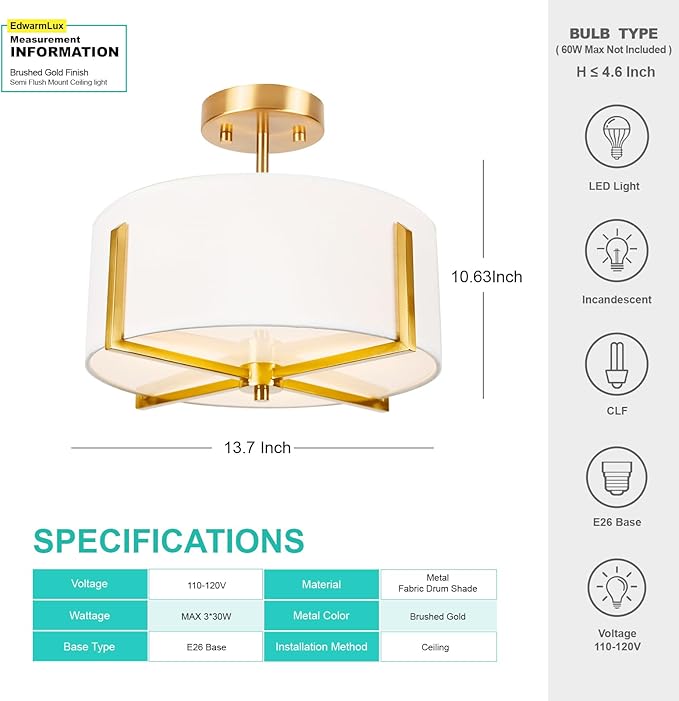 3-Light Semi Flush Mount Ceiling Light Fixture, 13.7" Gold Drum Light with White Fabric Shade, Modern Close to Ceiling Lamp for Living Room Bedroom Dining Room Kitchen Hallway Entry Foyer