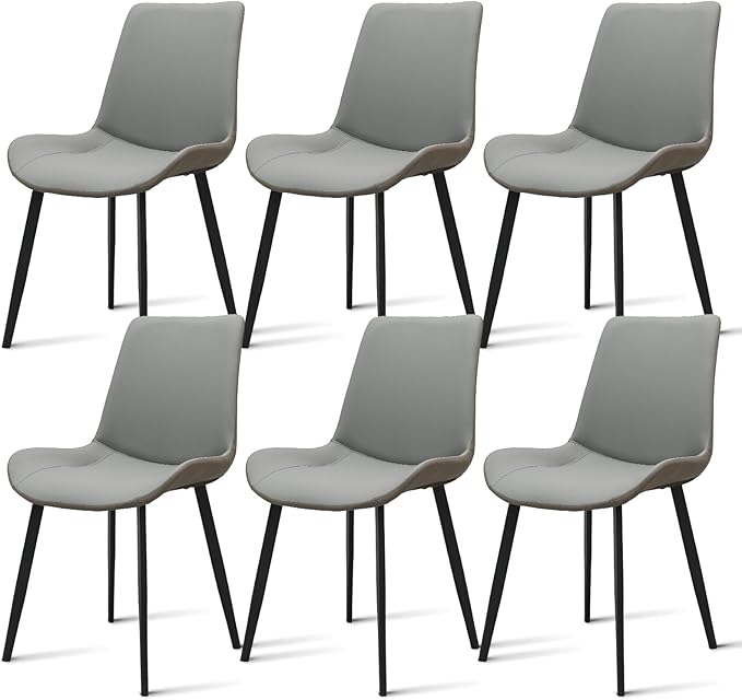 Dining Chairs, Modern PU Leather Dining Room Chair with Sturdy Metal Legs, Upholstered Seat Dinner Chairs Accent Side Chairs for Indoor Kitchen Living Room Restaurant(Light Grey & Dark Grey, Set of 6)
