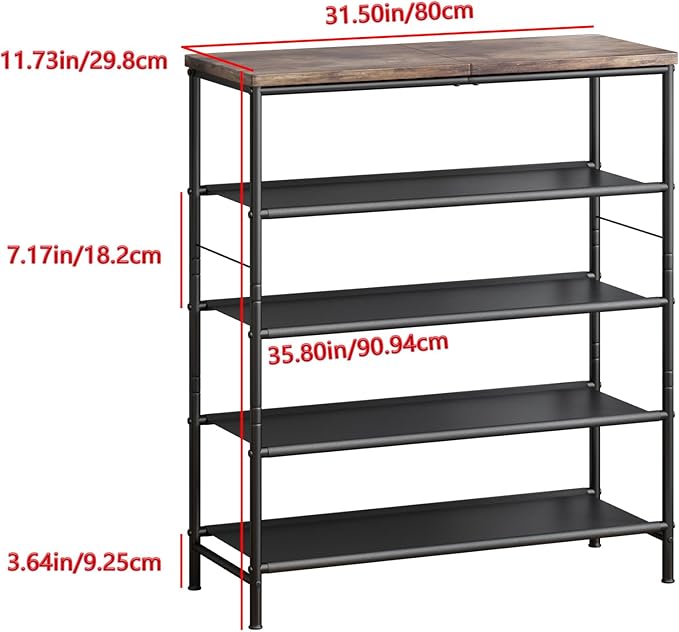 Shoe Rack Organizer 5 Tier Metal Organizer Shelf with Industrial MDF Board and Layer Fabric for Entryway Closet Bedroom Living Room Garage,Black & Rustic Brown (Black+Rustic Brown, 5 Tier)