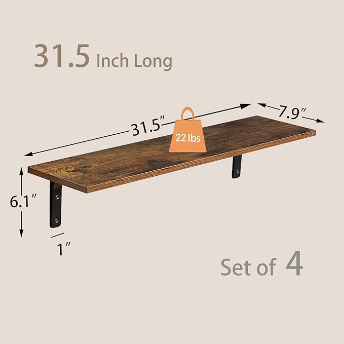 DINZI LVJ Long Wall Shelves, 31.5Inch Wall Mounted Shelves Set of 4, Extra Large Floating Storage Ledges with Sturdy Metal Brackets for Living Room, Bathroom, Bedroom, Kitchen, Rustic Brown