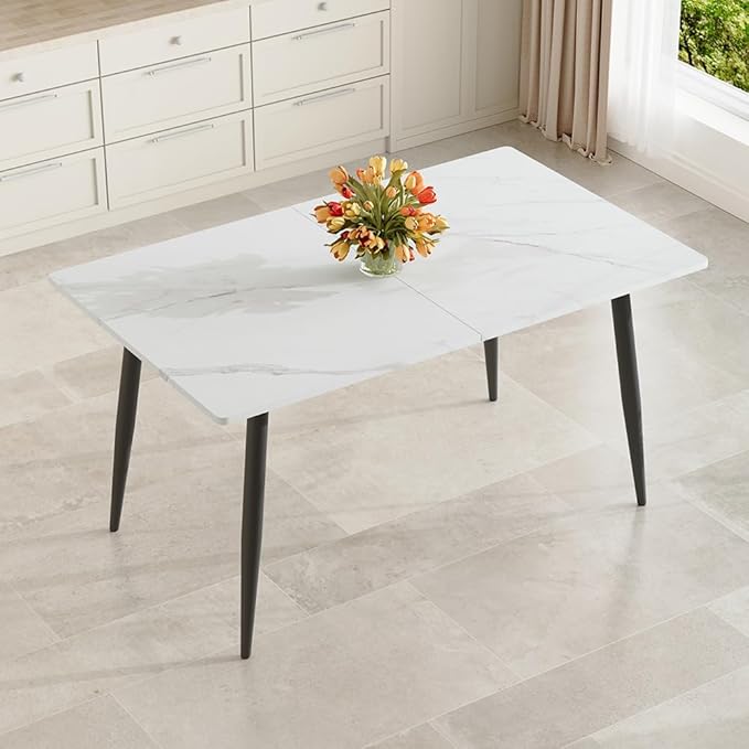 59"-75" White Extendable Dining Table for 6–8, Modern Rectangular Kitchen Dining Table with Black Metal Legs, Durable MDF Top, Space-Saving Expandable Dinner Table for Dining Room or Apartment