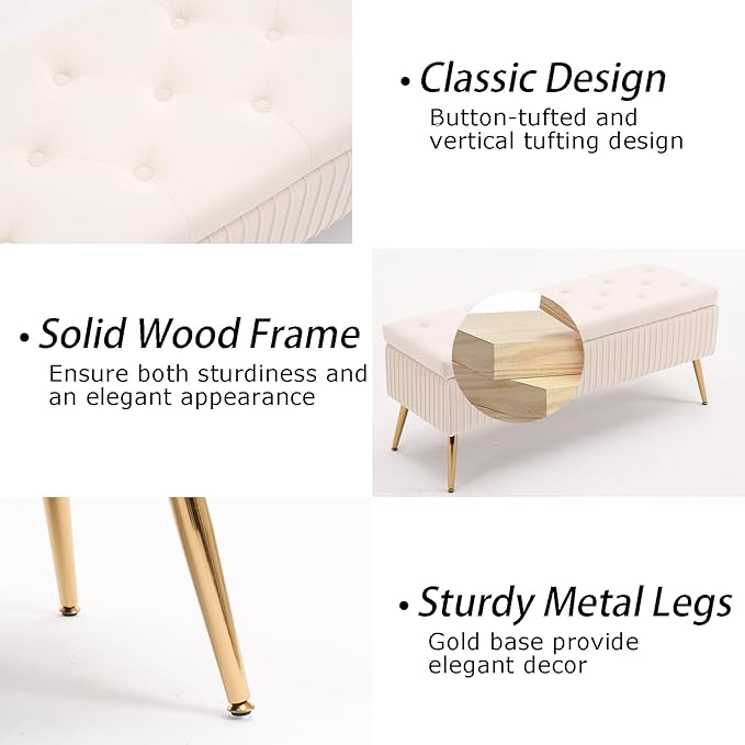 Velvet Storage Bench for Bedroom, Rectangle Upholstered End of Bed Bench Modern Tufted Ottoman with Gold Legs for Living Room/Window/Entryway (Ivory-45.5" W)