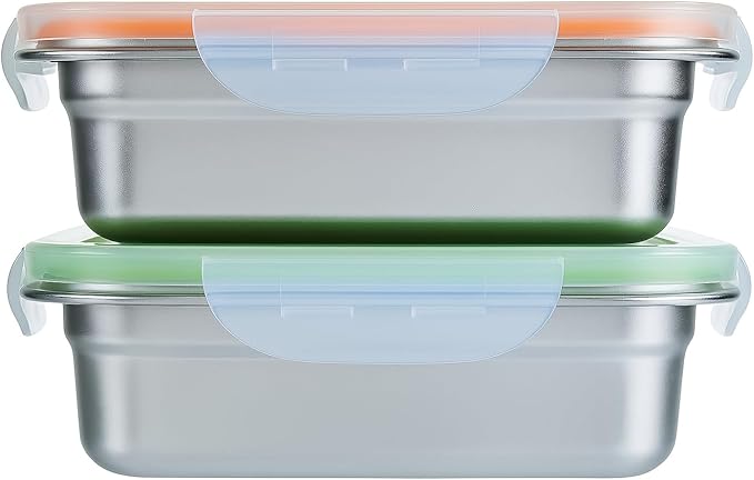 Set of 2 Stainless Steel Sandwich Containers - Food Grade Metal Base with a BPA Free Leakproof & Airtight Silicone Seal Lid. Great for Sandwiches, Snacks, Meal Prep & Food Storage - Orange/Green
