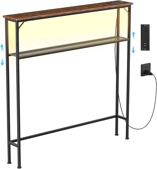 Tatub 39.4" Behind Couch Table with 2 Power Outlets and Led Light, Rustic Narrow Console Industrial 2 Tier Skinny Entryway Sofa Table with Metal Frame for Living Room