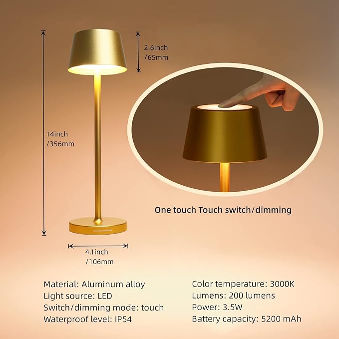 Cordless Table Lamp Rechargeable,with Touch Dimming and IP54 Waterproof Function Desk Lamp,Suitable for Indoor and Outdoor Lighting Gold
