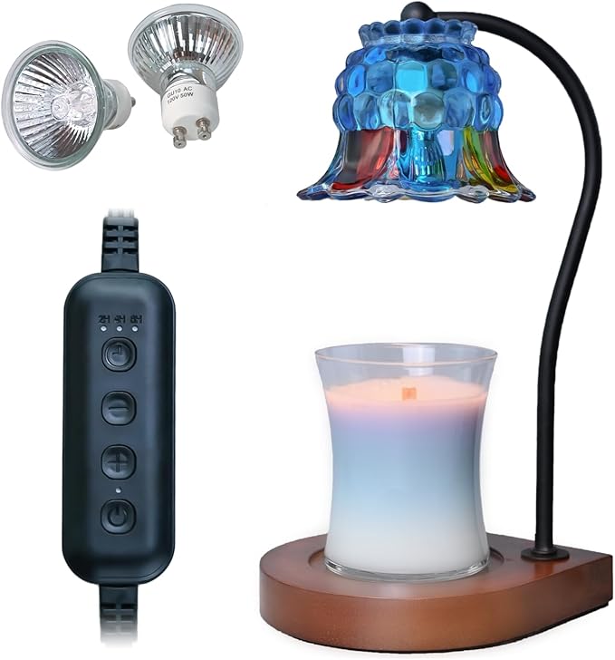 Candle Warmer Lamp Timer for Women Mom, House Warming Gifts New Home Decor, Modern Farmhouse Decor, BlueColorful Glass Flower Candle Warmer for Jar Candles with 2 Bulb