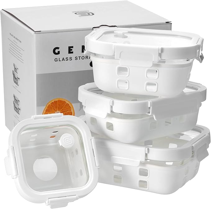 GENICOOK Glass Food Storage Meal Prep Containers - Food Grade Silicone Wrap & Air Release Vent, Rectangular shape - 8 Pc Set (4 Containers - 4 Matching Lids)