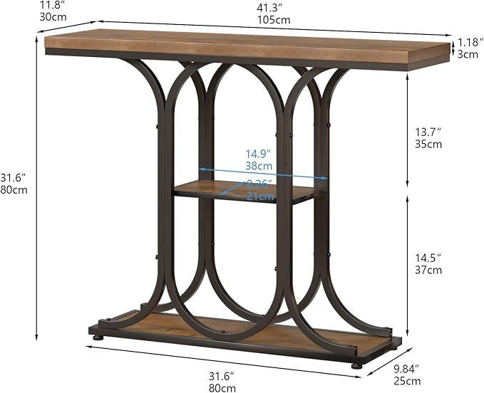 GiftGo Narrow Console Table for Entryway Industrial Sofa Table Behind Couch Ellipse Frame Rustic Wooden Accent Tables with Storage Shelves for Living Room, Hallway, Foyer (Brown)