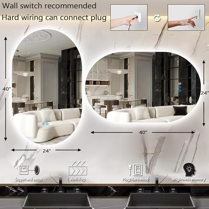 THEKLA 24 x 40 Inch Oval Lighted Vanity Mirror with Lights Backlit Smart Memory 3 Color Dimmable AntiFog 40" Frameless LED Oval Backlit Mirror for Bathroom Salon Makeup Wall Vertical/Horizontal Mount