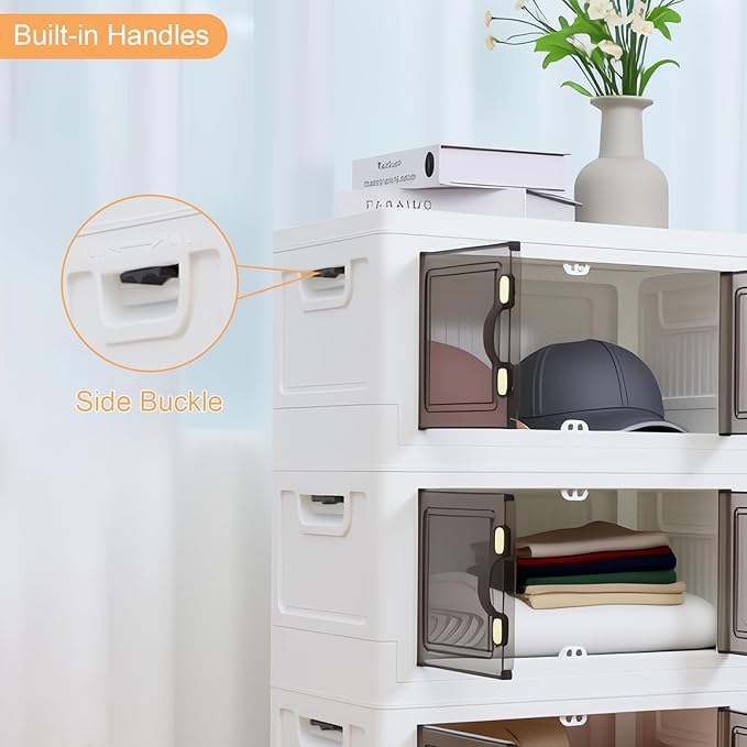 MOONEDGE 140QT Stackable Plastic Storage Bins with Lids & Handles, Foldable Collapsible Closet Organizer with Magnetic Doors and Side Locking, 4 Pcs for Living Room, Office, Garages