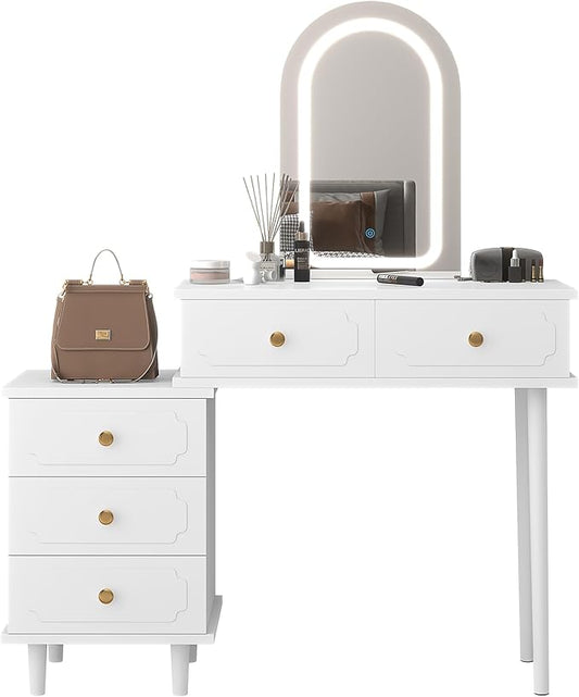 Garvee Makeup Vanity Desk with Mirror and Lights, Modern White Vanity Table with 2 Drawers & Adjustable 3-Drawer Cabinet, Wood Dressing Table for Bedroom