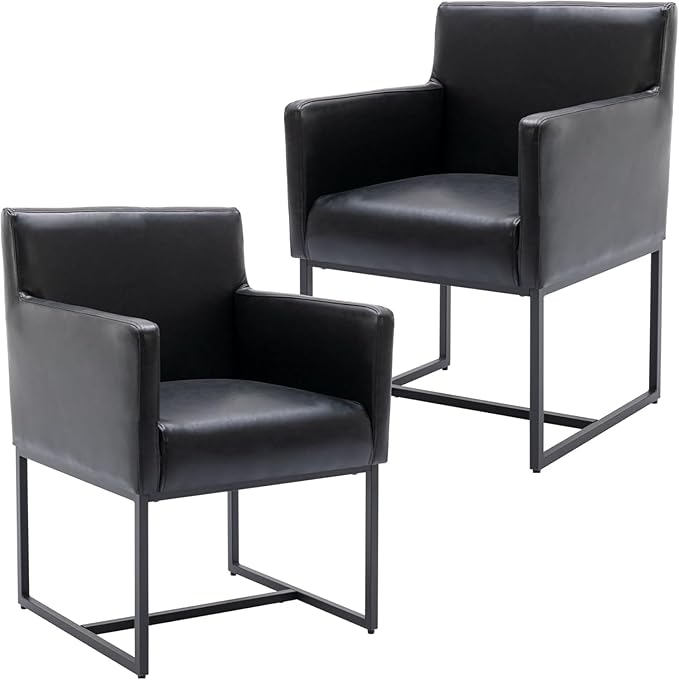 Upholstered Dining Chairs with Arms Set of 2 PU Leather Mid Century Modern Accent Chairs Armchairs with Gold Metal Frame, Modern Kitchen & Dining Room Chairs, Black