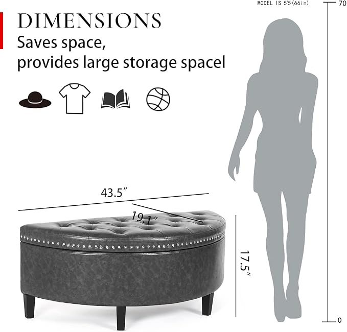 Homebeez 43" Half Moon Storage Ottoman Bench, Lift Top Faux Leather Storage Ottoman Bench for Bedroom Living Room (Gray)