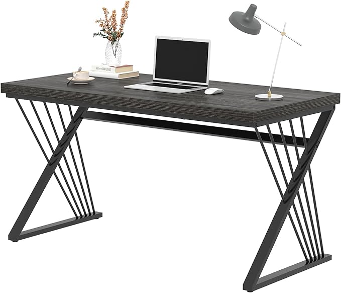 FOLUBAN Modern Home Office Desk, Rustic Wood and Metal Computer Desk, Writing Study Gaming Table PC Desks for Living Room Bedroom, Industrial Dark Gray, 53 inch