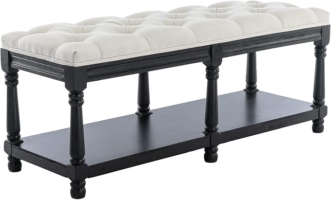 DUOMAY Mid-Century Tufted Storage Bench with Shelf, Linen Upholstered Farmhouse Entryway Shoe Bench Ottoman Bed End Stool for Bedroom Living Room Dining Room, Black Wood Frame, White