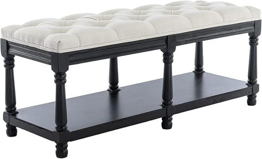 DUOMAY Mid-Century Tufted Storage Bench with Shelf, Linen Upholstered Farmhouse Entryway Shoe Bench Ottoman Bed End Stool for Bedroom Living Room Dining Room, Black Wood Frame, White