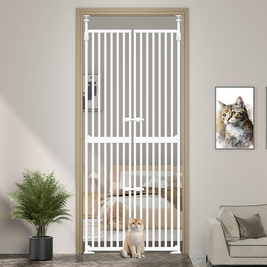 71" High Extra Tall Cat Gate, 34-36 Inch Tall Pet Gates, Auto Close Kitten Safety Gates, Double Pet Door for Doorway, Indoor Pet Barrier, No Drilling, Cats Proof Gate, Kitchen
