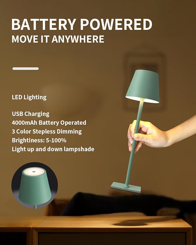 KDG 2 Pack Cordless Table Lamp,Portable LED Desk Lamp, 4000mAh Battery Operated, 3 Color Stepless Dimming Up, for Restaurant/Bedroom/Bars/Outdoor Party/Camping/Coffee Shop Night Light(Green)