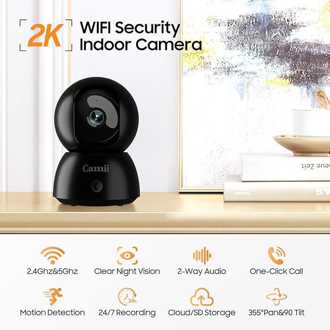 Indoor Security Camera 2K, 360 Degree Cameras for Home Security with Night Vision, Baby/Dog Monitor with Auto Tracking, Human/Pet Detection, Cloud&SD, Pet Camera Support 2.4/5GHz WiFi