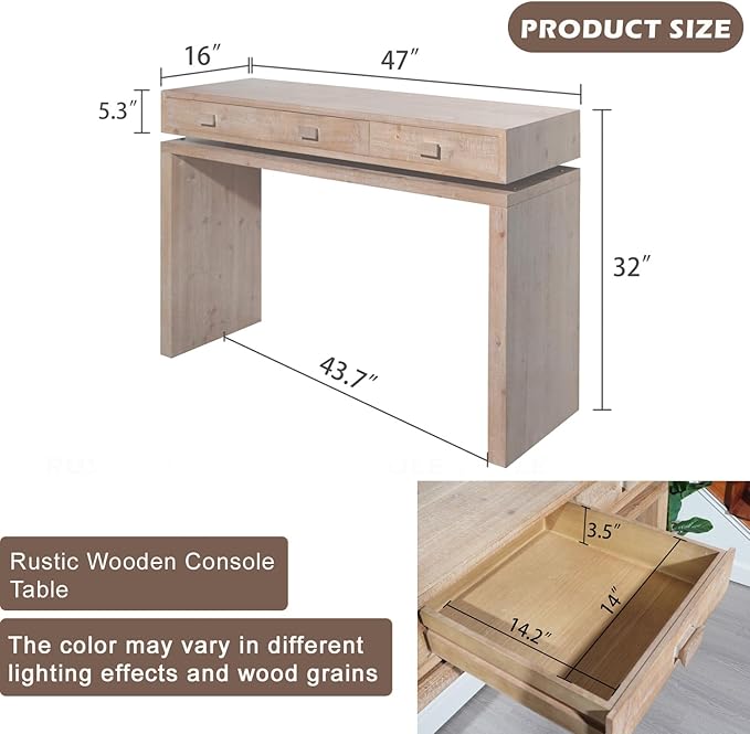 47" Farmhouse Wood Console Table with 3 Drawers, Rustic Wooden Sofa Table Behind Couch with Storage, Mid Century Modern Entryway Table for Living Room, Hallway, Entrance