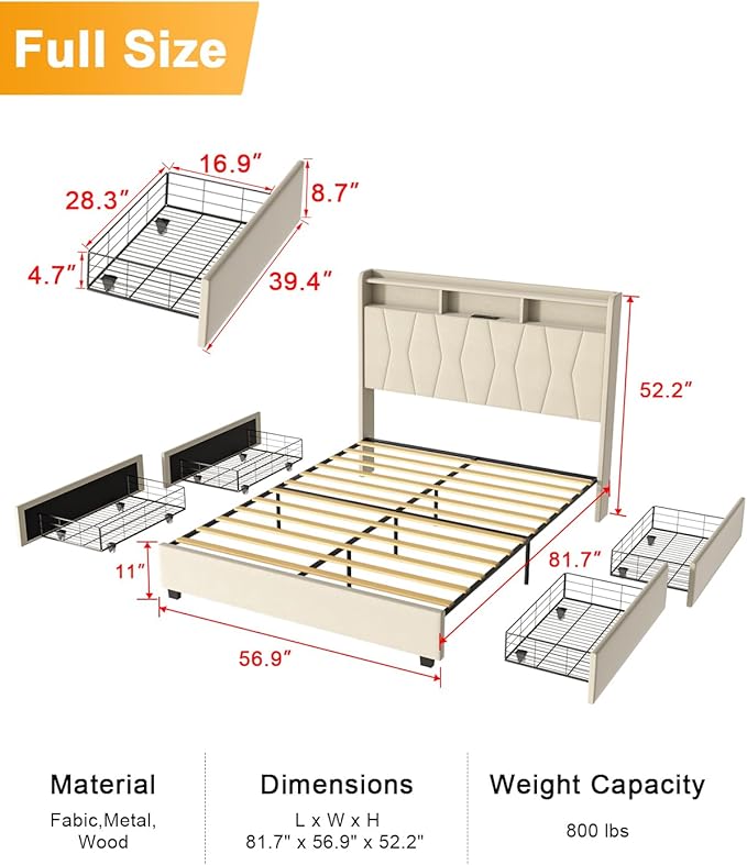 Full Size Bed Frame, Velvet Upholstered LED Platform Bed with Headboard Storage, Bed Frame Full Built-in Charging Station with 4 Drawers, Wood Slat Support, No Box Spring Needed, Beige