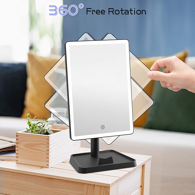 FUNTOUCH Rechargeable Makeup Vanity Mirror with Lights, Large Lighted Desk Makeup Mirror with 96 LED Lights and 10x Magnifying, 3 Color Lighting, Make up Light Mirror with Phone Holder,Black