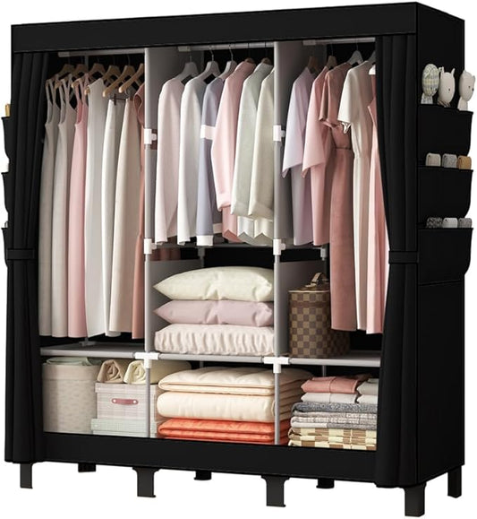 Portable Wardrobe, Clothes Organizer, Easy Hanger Wardrobe, Multiple Dividers and 3 Drawers, 6 Side Pockets Large Capacity (Black)