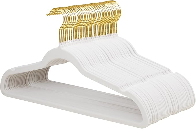 ManGotree Velvet Coat Hangers, Non-Slip Felt Suit Hangers, Ultra-Slim Space Saving Clothes Hanger with 360° Swivel Gold Hook, Sturdy for Jacket, Shirt, Dress, Pants (36 Pack, White)