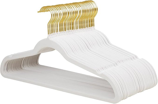 ManGotree Velvet Coat Hangers, Non-Slip Felt Suit Hangers, Ultra-Slim Space Saving Clothes Hanger with 360° Swivel Gold Hook, Sturdy for Jacket, Shirt, Dress, Pants (36 Pack, White)