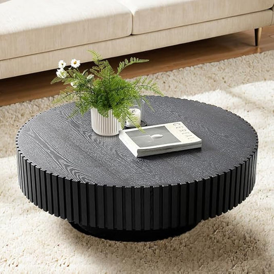Round Coffee Table for Living Room, 31.5'' Modern Handcraft Drum Coffee Table Unique Fluted Coffee Tables Wood Center Table End Table for Small Space, Farmhouse Apartment Office (Round Black)
