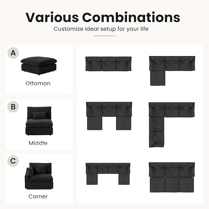 Modular Sectional Sofa,119inch V Shaped Down Filled Cloud Couch,5 Seater Convertible Sofa Living Room Set,Cover Washable and Replaceable Couches for Living Room,Black