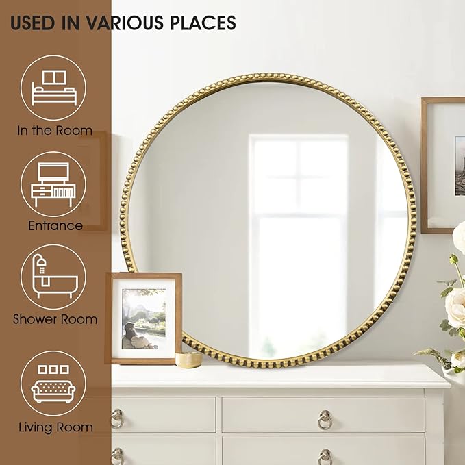 Round Bathroom Wall Mirror, 28"x28" Antique Gold Metal Beaded Frame Vanity Mirror, Wall Mounted Large Circle Makeup Mirror for Bedroom, Living Room, Entryway