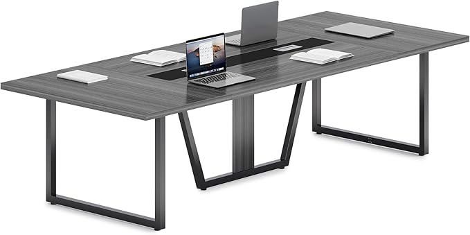 LITTLE TREE 8FT Conference Table for 10 People, Large Meeting Table, Modern Wooden Conference Room Tables with Cable Management, Business Style Training Tables with Strong Metal Legs for Office, Grey