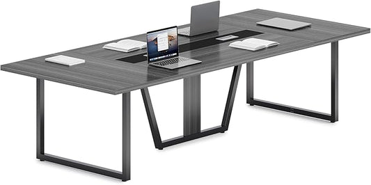 LITTLE TREE 8FT Conference Table for 10 People, Large Meeting Table, Modern Wooden Conference Room Tables with Cable Management, Business Style Training Tables with Strong Metal Legs for Office, Grey