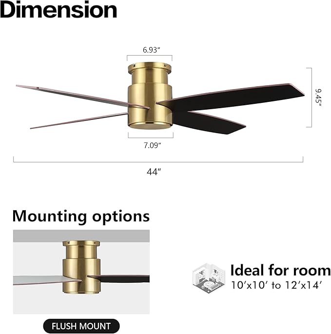 WINGBO 44" Flush Mount DC Ceiling Fan without Lights, 4 Reversible Plywood Blades, Quiet 6-Speed DC Motor, Hugger Low Profile Ceiling Fan No Lights for Bedroom, Brass Finish and Black/White Blades