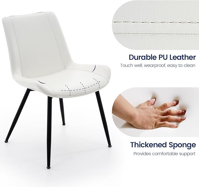 Brage Living Dining Chairs Set of 2, PU Leather Modern Armless Kitchen Dining Room Chairs, Upholstered Accent Side Chairs with Metal Legs (Pearl White)