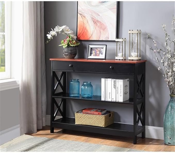 Convenience Concepts Oxford 1 Drawer Console Table with Shelves, Cherry/Black